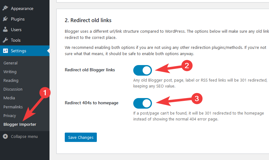 Enable Blogger redirect settings